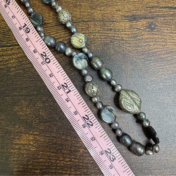 Genuine Black Freshwater Pearl and Silver Tone Bead Necklace 47 Inch - Picture 5 of 8